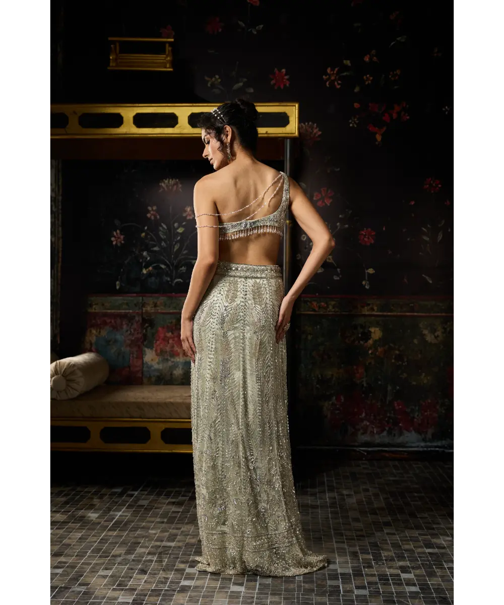 DIYARAJVVIR -  SILVER FULLY EMBELLISHED ASYMMETRICAL SLIT SKIRT SET